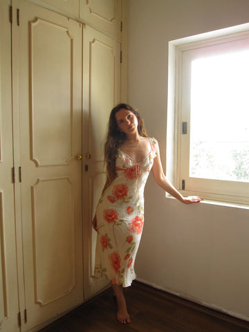 Gentle Sheath Straps Printed Floral Chiffon Tea Length Vacation Dress Outfits HZ1023
